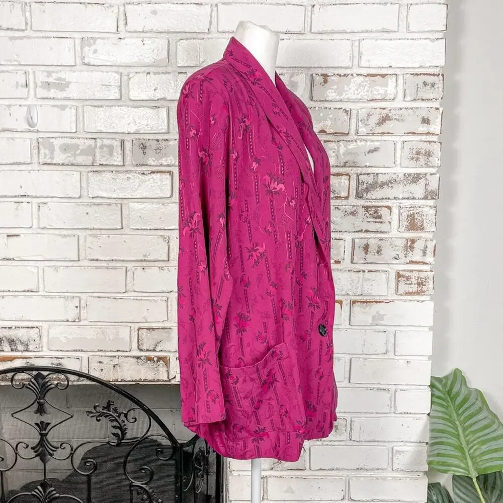 Vintage 80s Magenta Pink Floral Boho Southwestern Print Blazer Skirt Set 14 - Picture 4 of 11